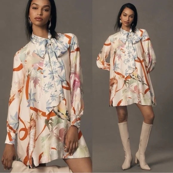 Maeve Anthropologie The Caroline Tie-Neck Mini Dress Fox Bird Print Size XS - Picture 1 of 12